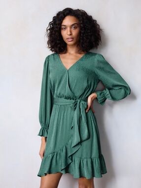 LC Lauren Conrad Emerald Green Wrap Dress Long Sleeve Ruffle Hem Tie Waist Mini